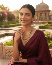 Gold-Toned Green Stone Layered Necklace with Earrings Jewellery Set