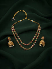 Gold-Toned Multicolor Stone Layered Necklace with Earrings Jewellery Set