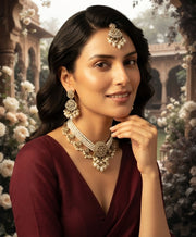 Women Gold Plated Kundan Beaded Jewellery Set With Mang Tikka