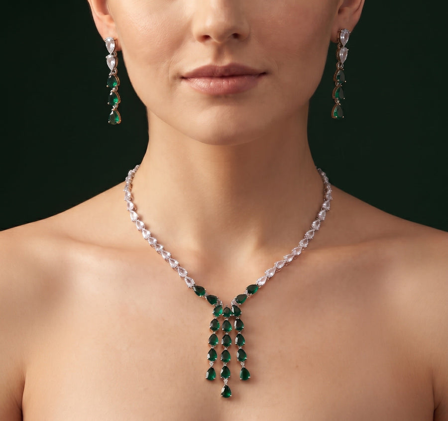 Women Silver Plated American Diamond With Green Ston Jewellery Set