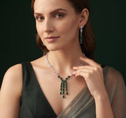 Women Silver Plated American Diamond With Green Ston Jewellery Set