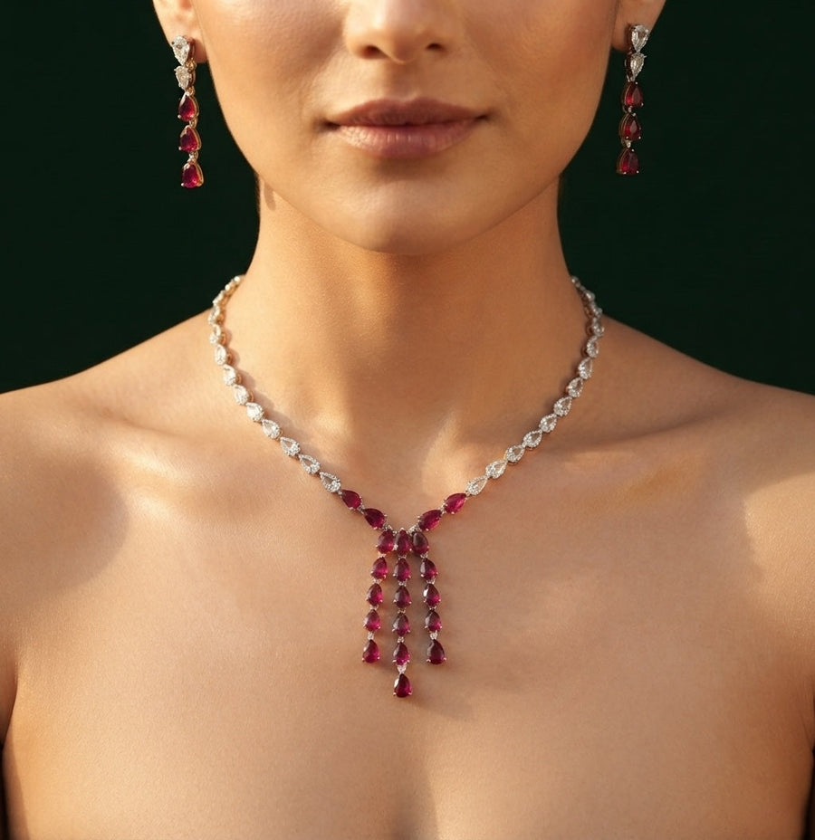 Women Silver Plated American Diamond With Red Ston Jewellery Set