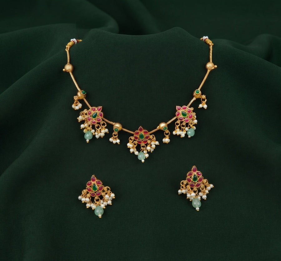 Gold-Toned Floral Necklace with Earrings Jewellery Set