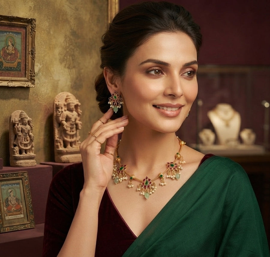Gold-Toned Floral Necklace with Earrings Jewellery Set
