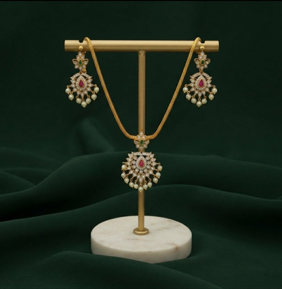 Gold-Toned Minimal Necklace with Earrings Jewellery Set