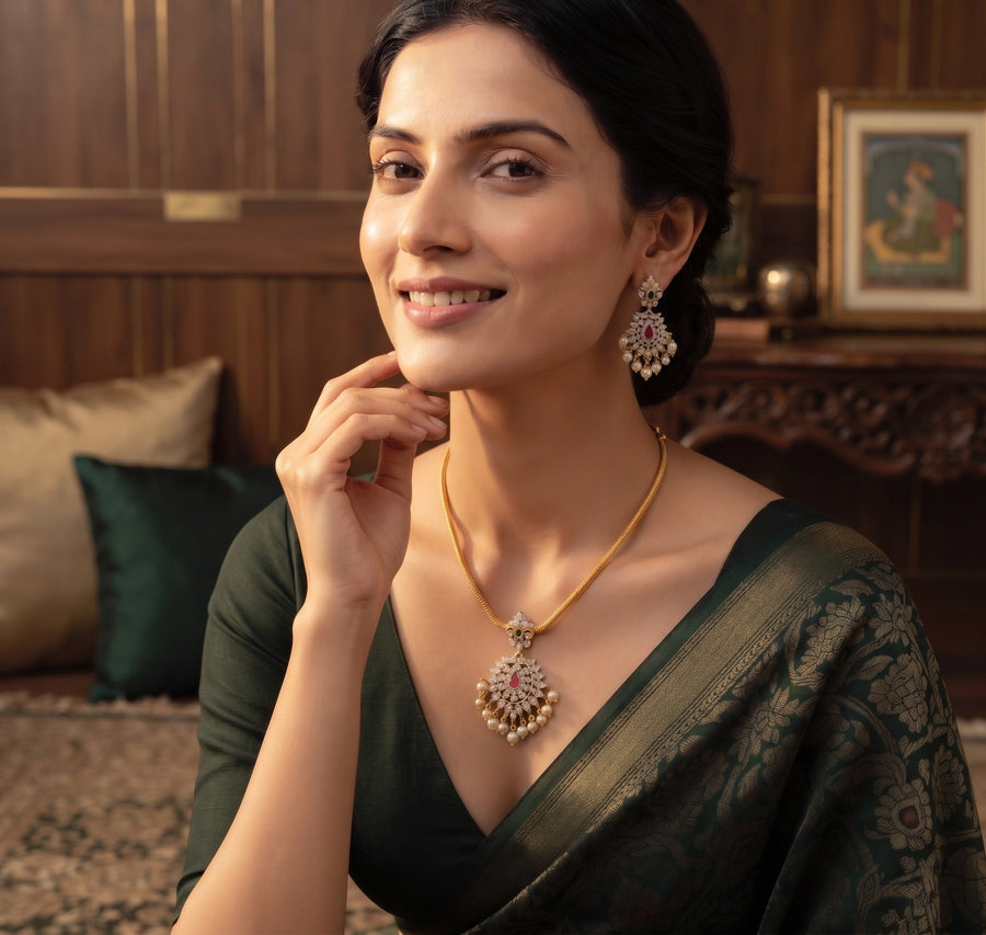 Gold-Toned Minimal Necklace with Earrings Jewellery Set