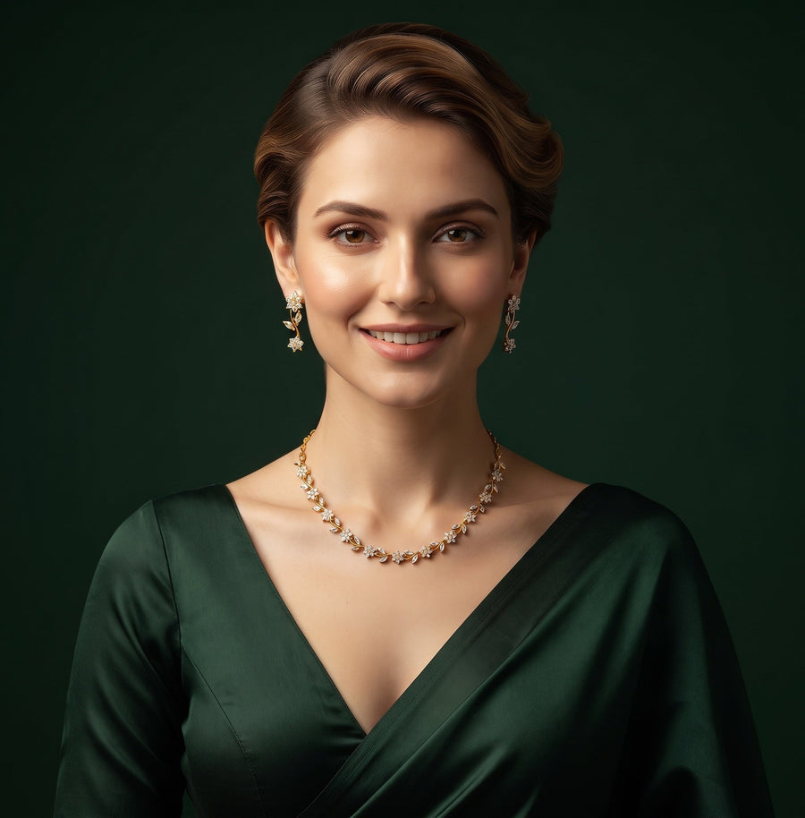 Women Gold Plated Trendy Floral Diamond Jewellery Set