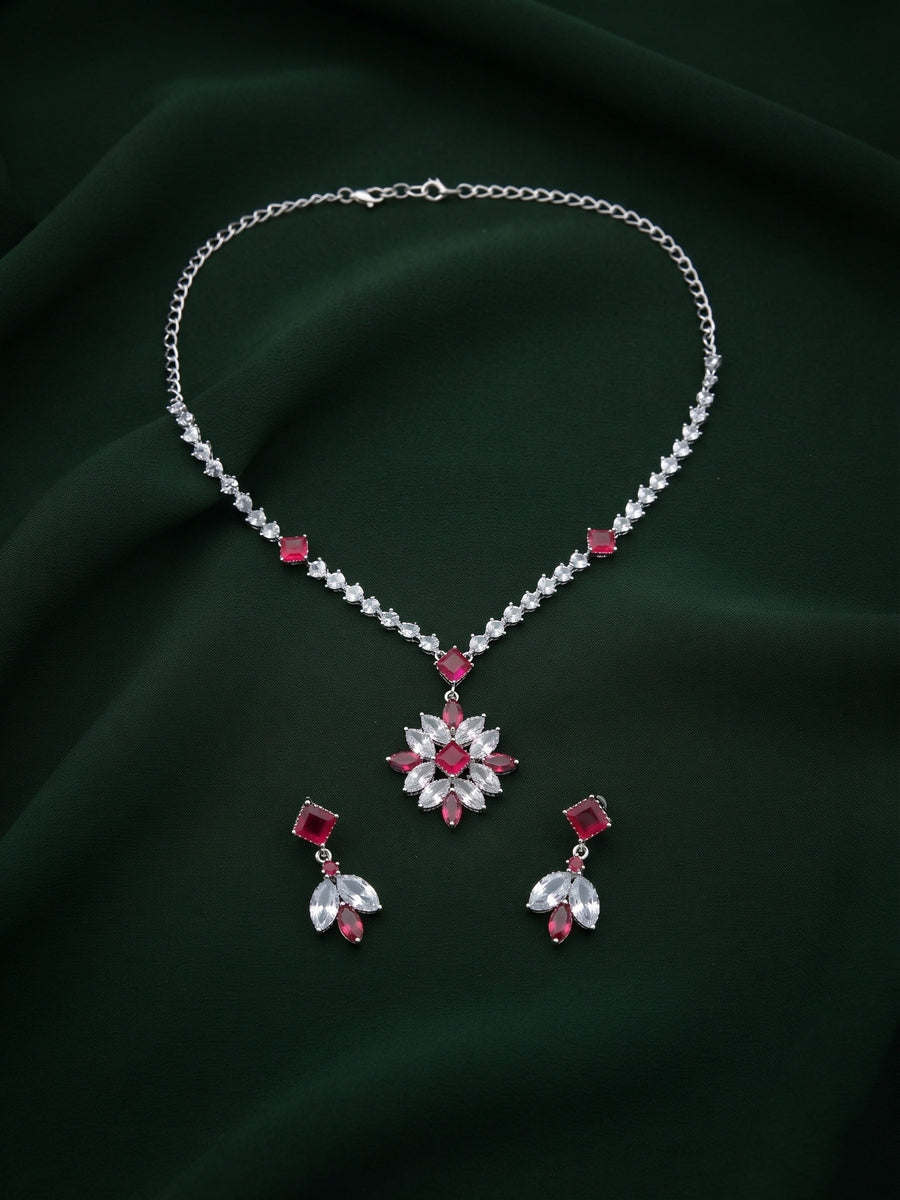 Women Silver Plated Fancy Stone & Diamond Jewellery Set