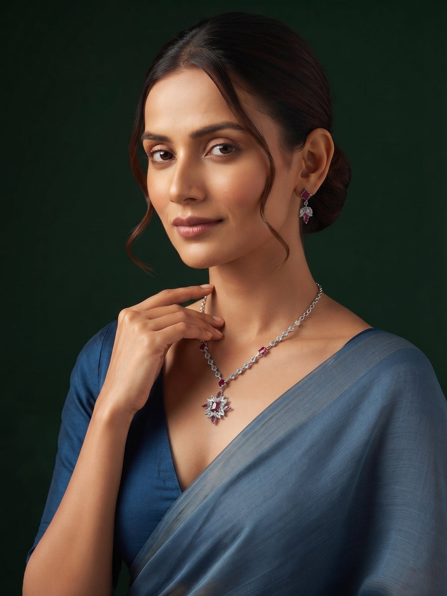 Women Silver Plated Fancy Stone & Diamond Jewellery Set