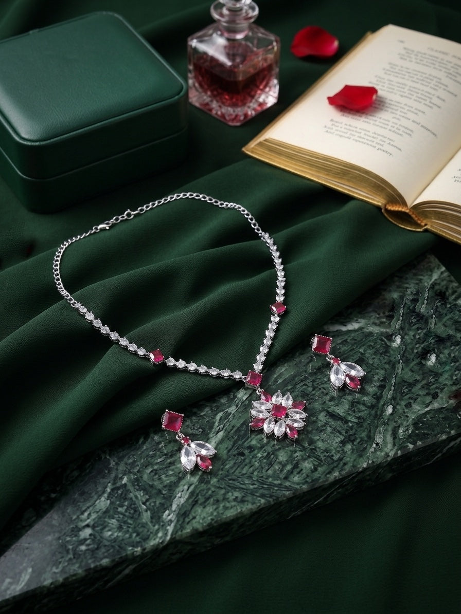 Women Silver Plated Fancy Stone & Diamond Jewellery Set