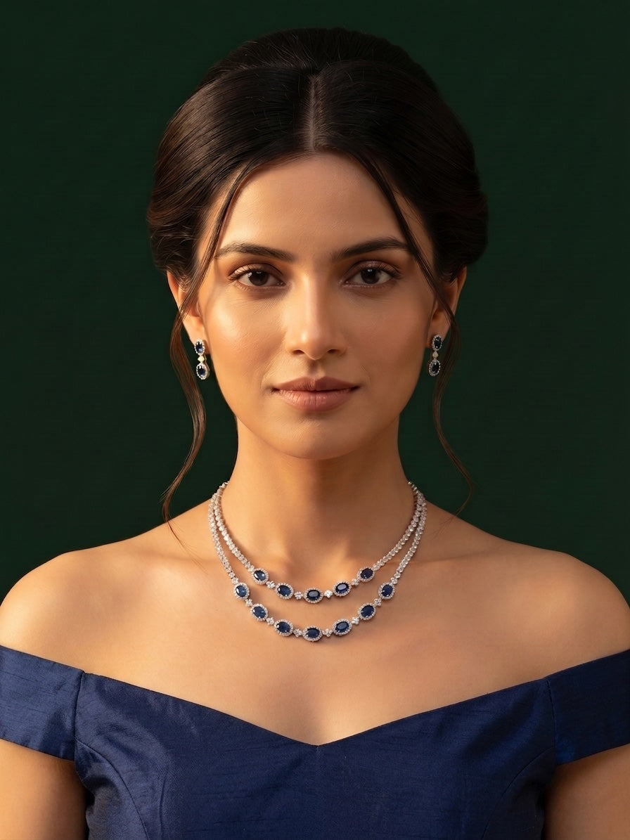 Women Silver Plated Fancy Stone & Diamond Jewellery Set