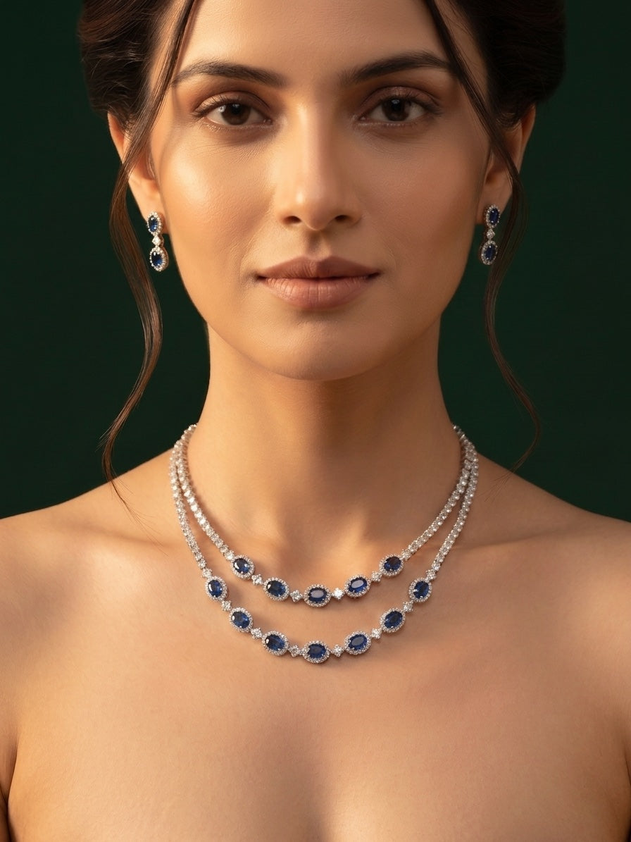 Women Silver Plated Fancy Stone & Diamond Jewellery Set