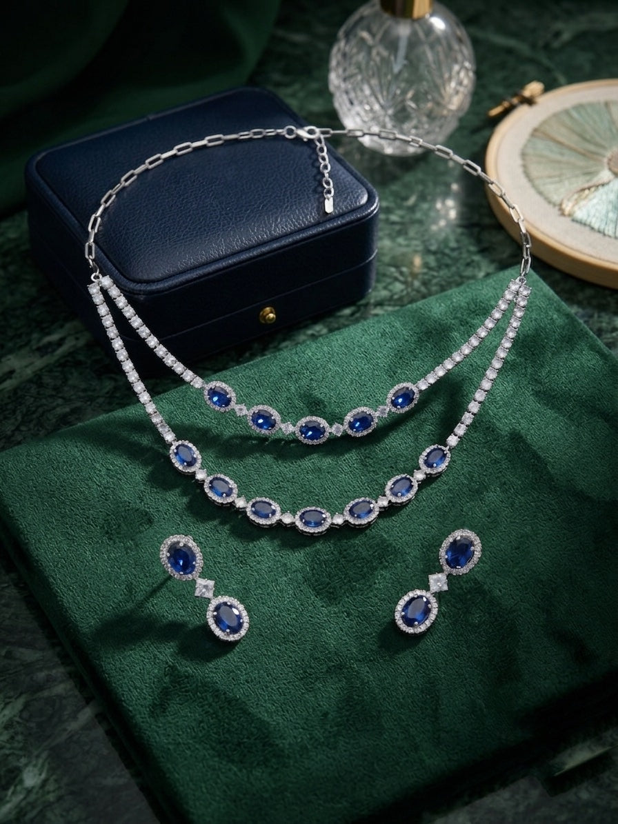 Women Silver Plated Fancy Stone & Diamond Jewellery Set