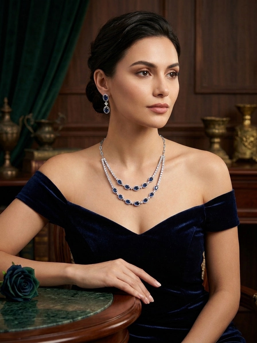 Women Silver Plated Fancy Stone & Diamond Jewellery Set