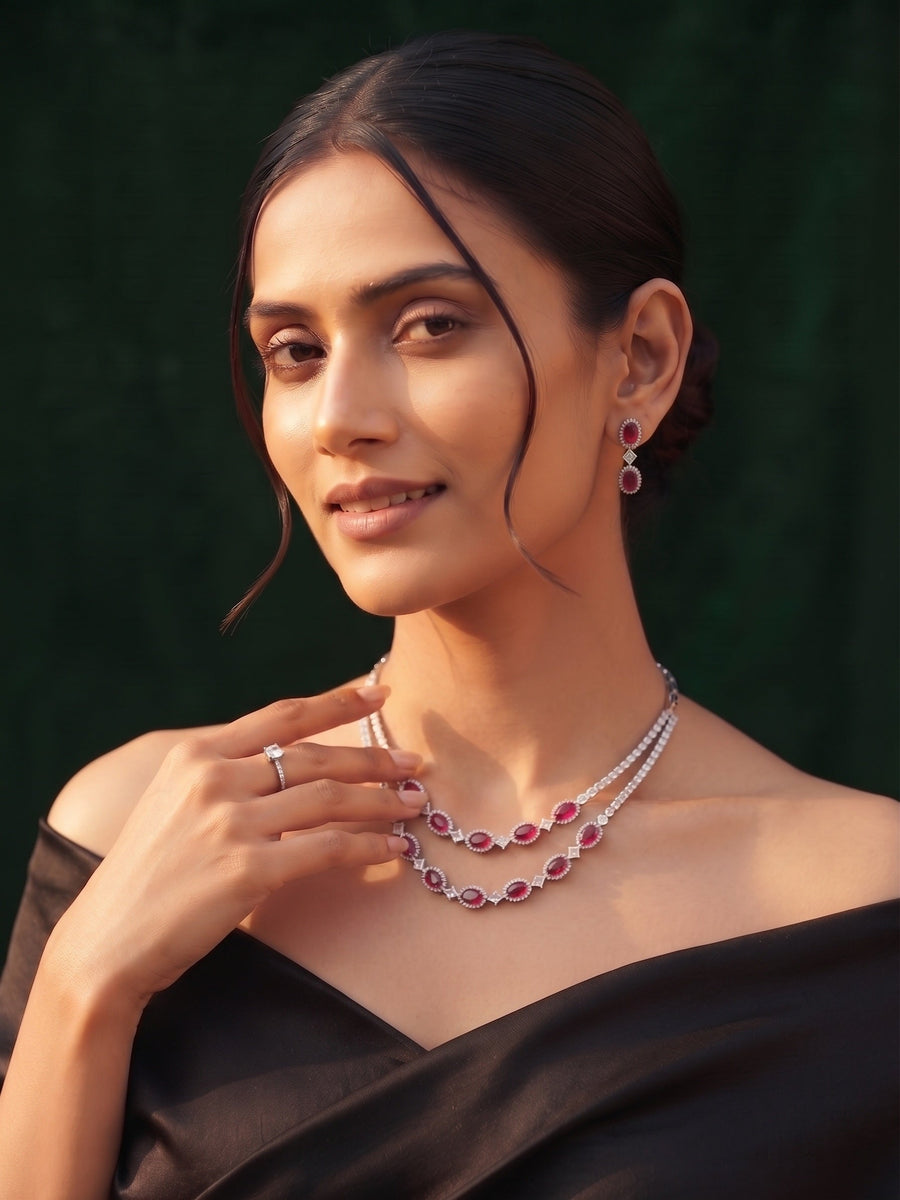 Women Silver Plated Fancy Stone & Diamond Jewellery Set
