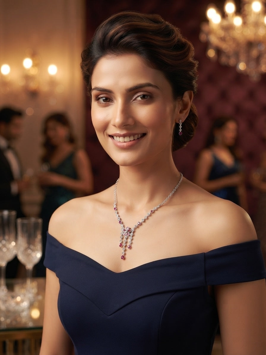 Women Silver Plated Fancy Stone & Diamond Jewellery Set