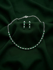 Green & Silver-Toned American Diamond Necklace and Earrings Set