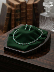 Green & Silver-Toned American Diamond Necklace and Earrings Set