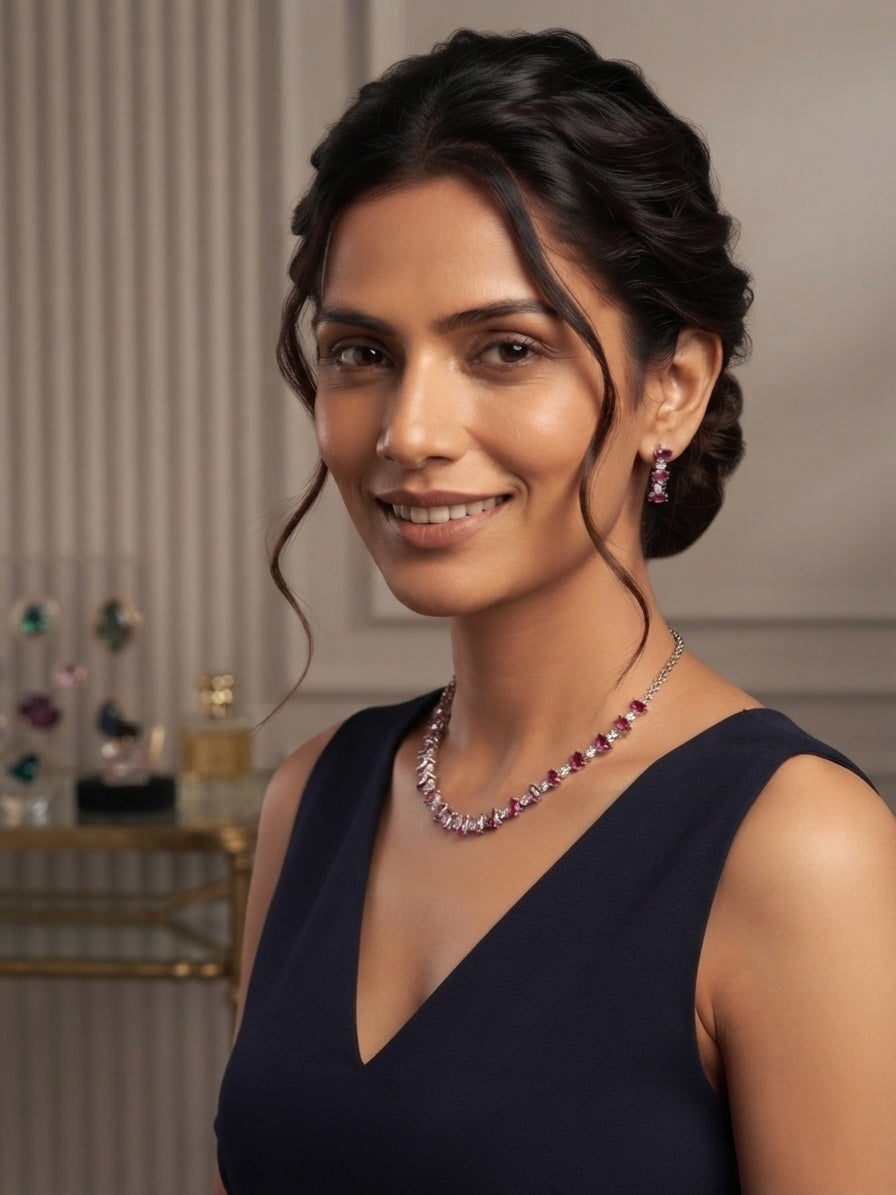 Wine & Silver-Toned American Diamond Necklace and Earrings Set