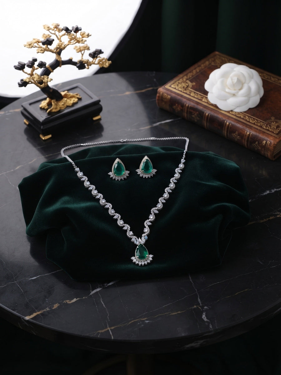 Green & Silver-Toned American Diamond Necklace and Earrings Set