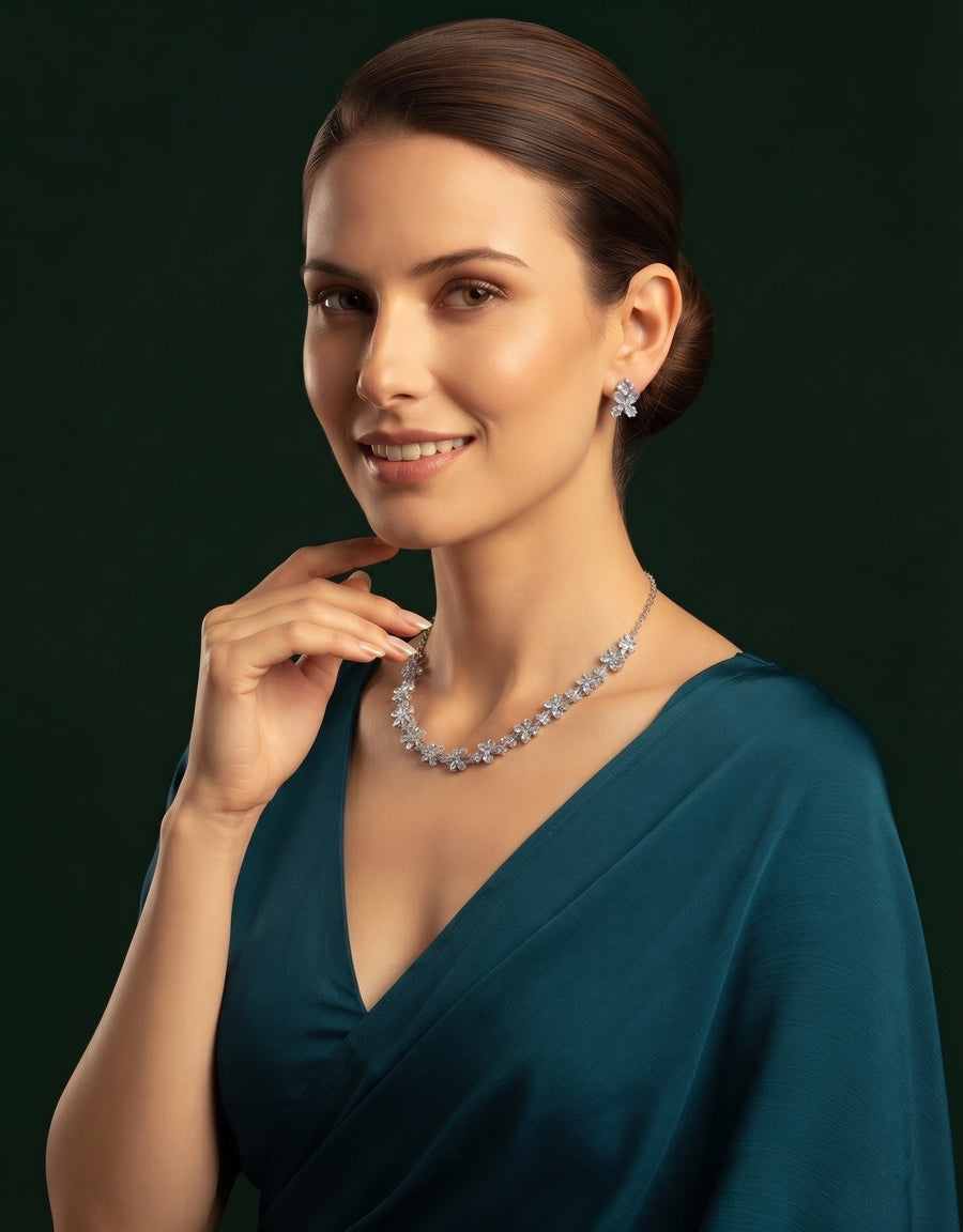 Women Silver Plated American Diamod Beaded Jewellery Set