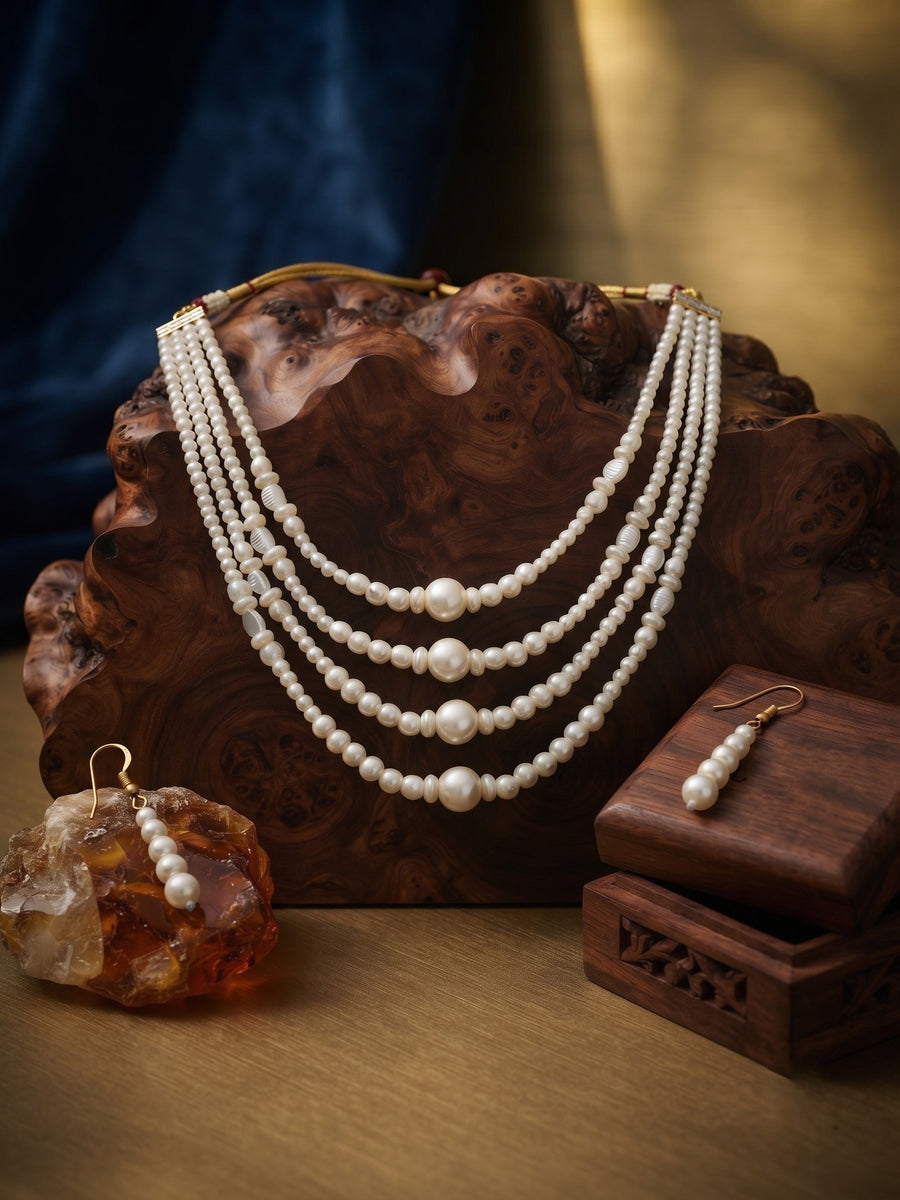 Beautiful White Pearls Statement Jewellery Set with Bracelete
