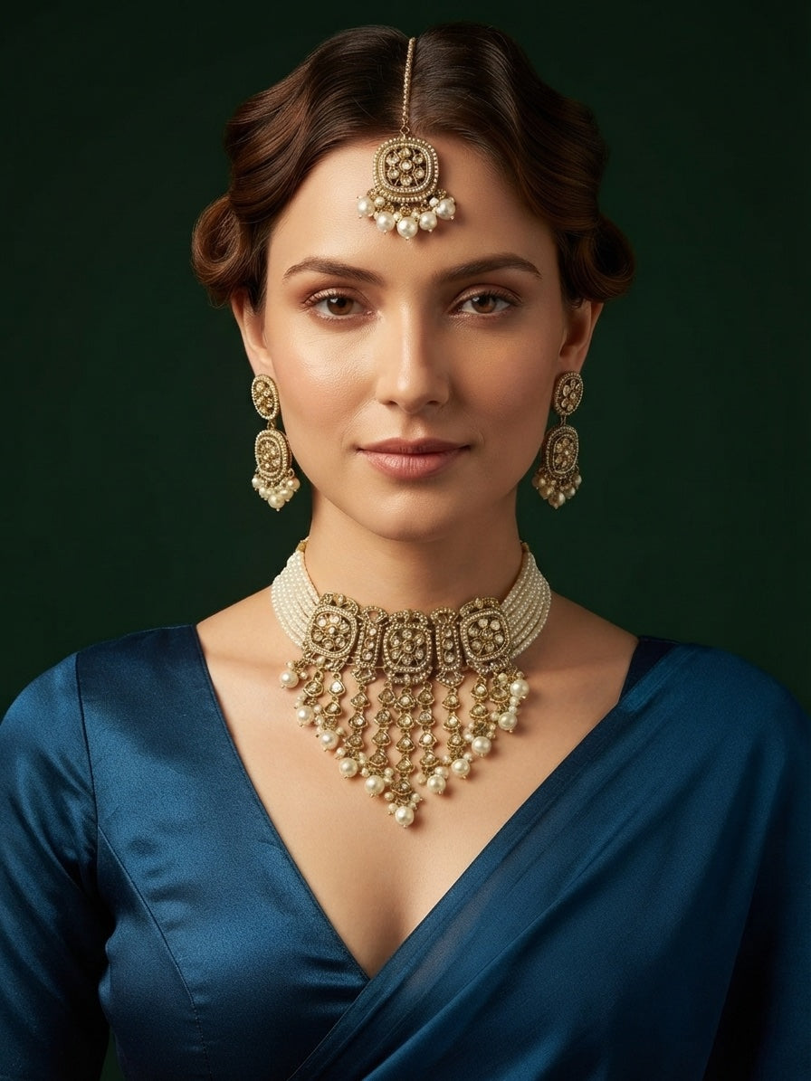 Women Gold Plated Kundan Beaded Jewellery Set With Mang Tikka