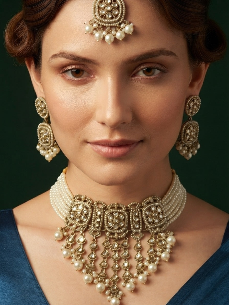 Women Gold Plated Kundan Beaded Jewellery Set With Mang Tikka