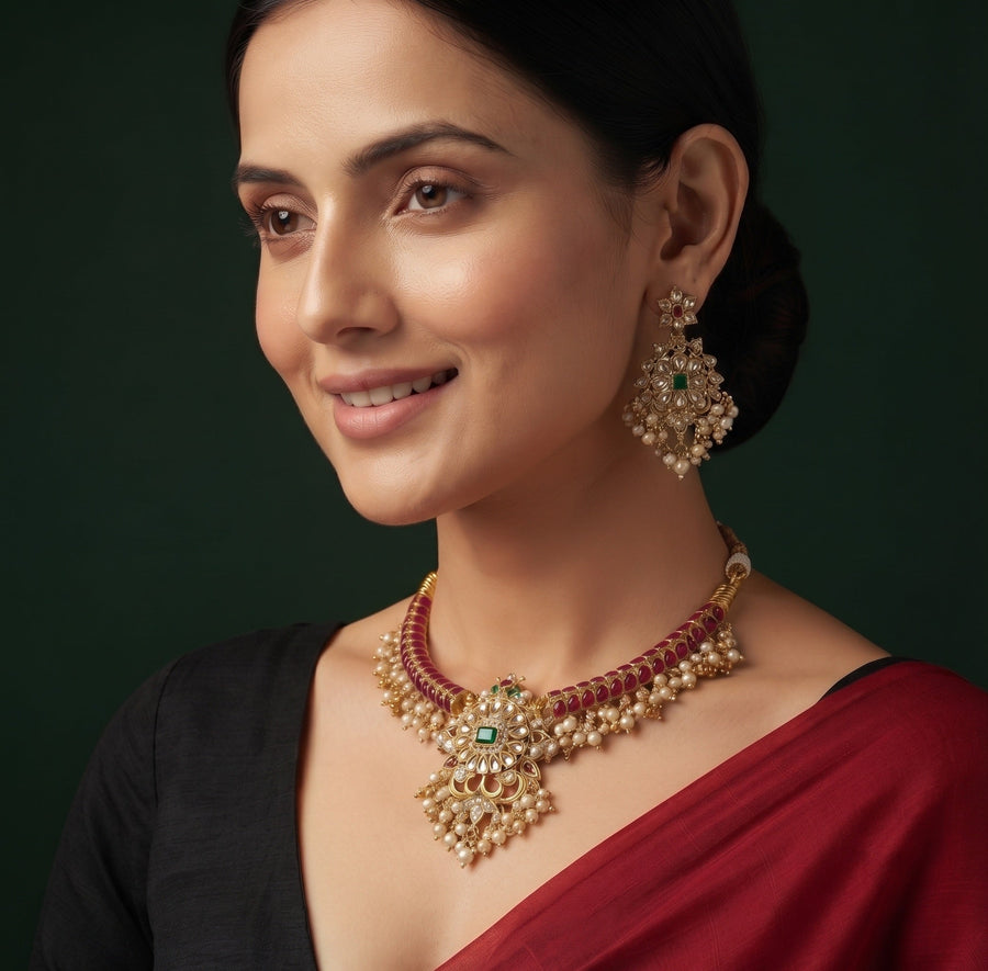 Women Gold Plated Kundan Beaded Jewellery Set
