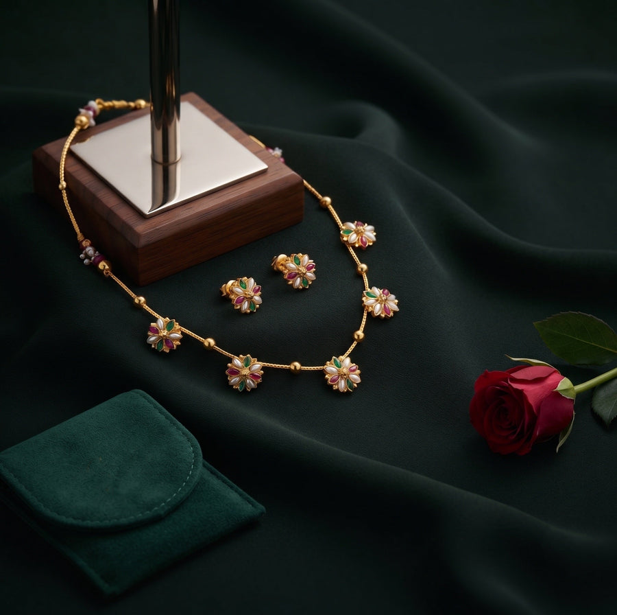 Gold-Toned Floral Necklace & Earrings Jewellery Set