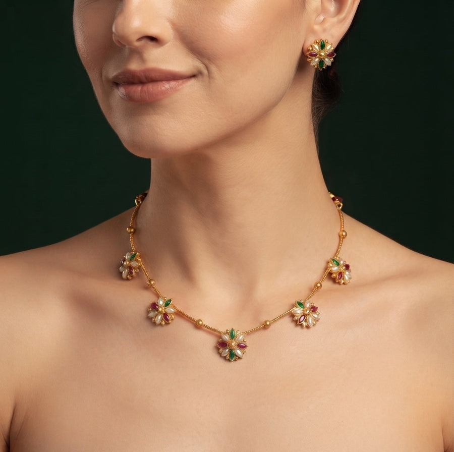 Gold-Toned Floral Necklace & Earrings Jewellery Set