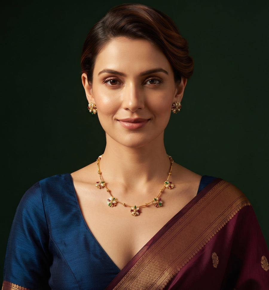 Gold-Toned Floral Necklace & Earrings Jewellery Set