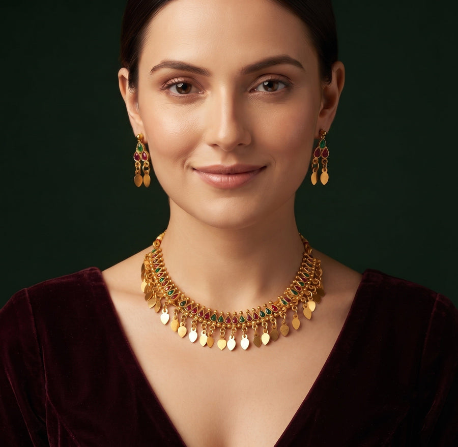 Women Gold Plated Ston Beaded Minimal Jewellery Set