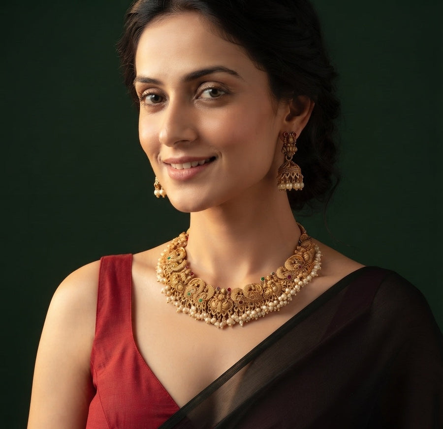 Gold-Toned Traditional Laxmi Mata Temple Jewellery Set