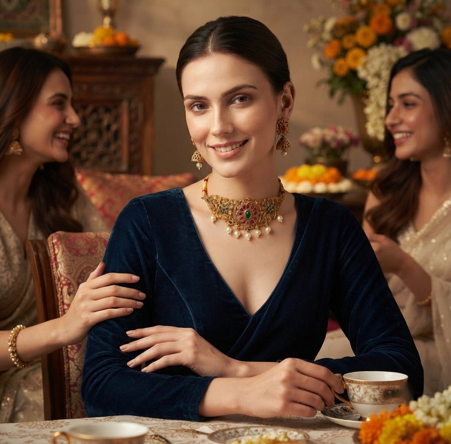 Women Gold Plated Traditional Choker Jewellery Set
