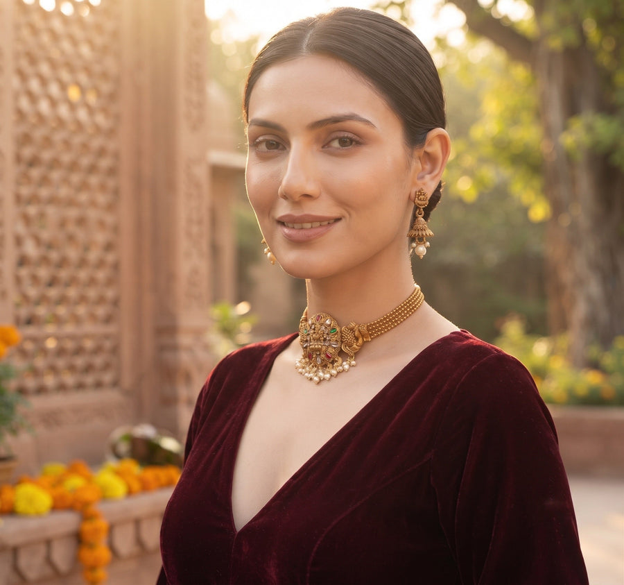 Women Gold Plated Traditional Choker Jewellery Set