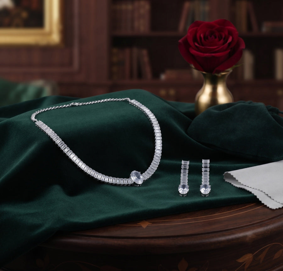 Women Silver Plated American Diamod Beaded Jewellery Set