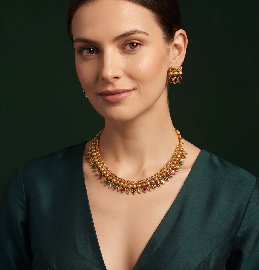 Women Gold Plated Ston Beaded Minimal Jewellery Set