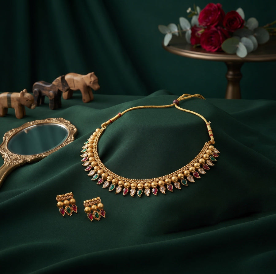 Women Gold Plated Ston Beaded Minimal Jewellery Set