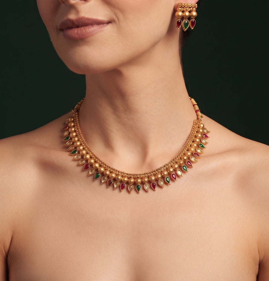 Women Gold Plated Ston Beaded Minimal Jewellery Set