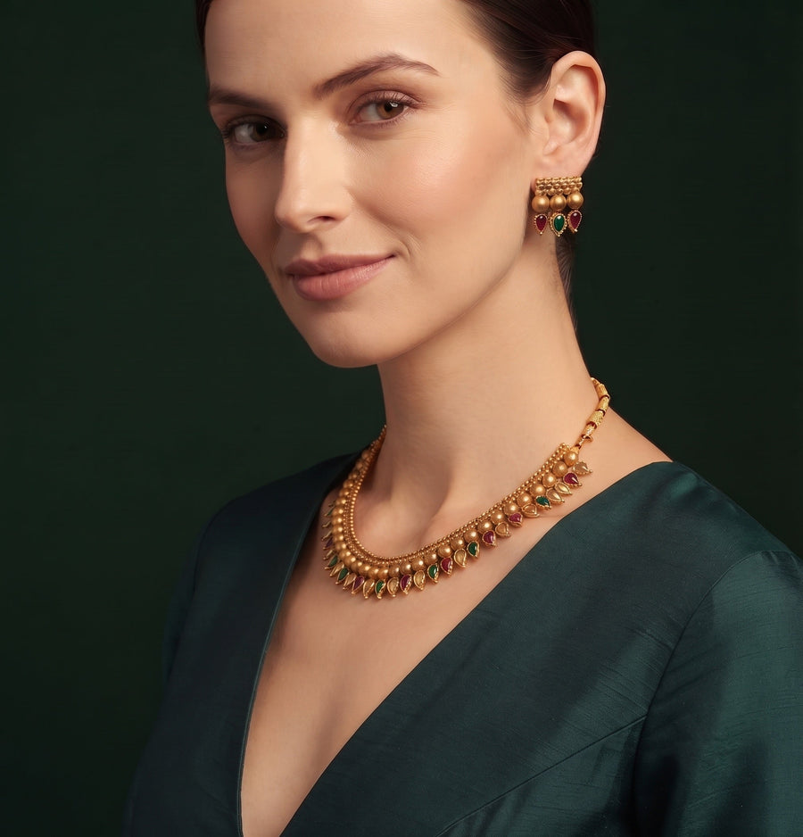 Women Gold Plated Ston Beaded Minimal Jewellery Set