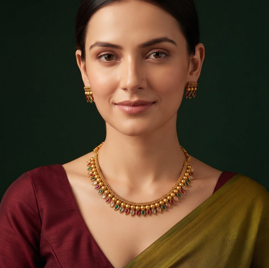 Women Gold Plated Ston Beaded Minimal Jewellery Set
