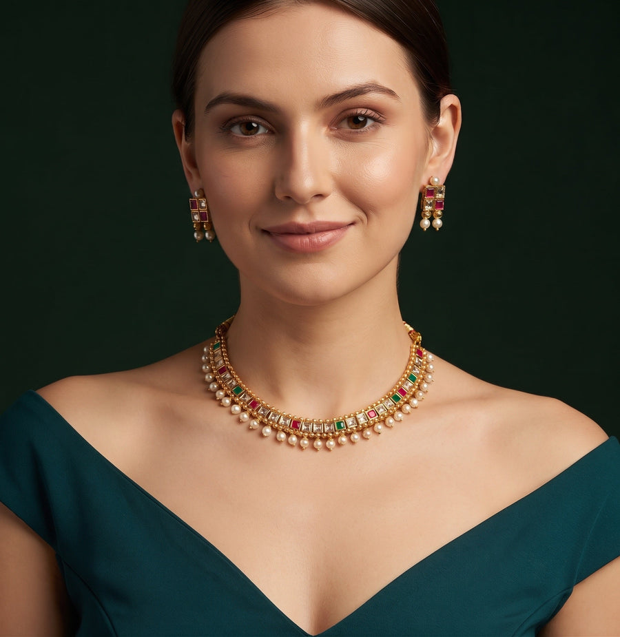 Gold-Toned Minimal Necklace with Earrings Jewellery Set