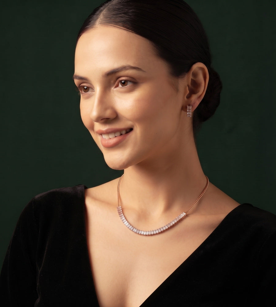 Rose Gold-Toned Minimal Necklace with Earrings Jewellery Set