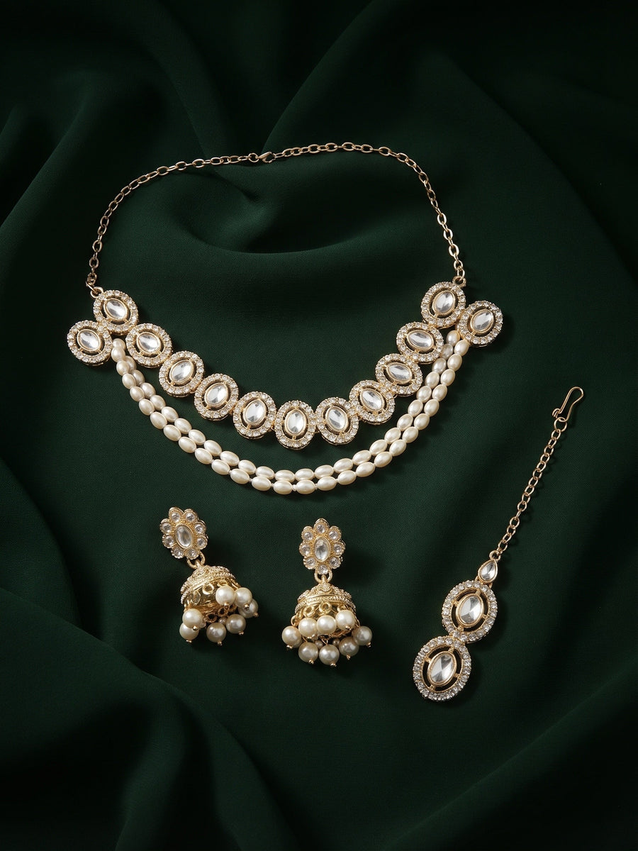 Women Gold Plated Kundan Beaded Jewellery Set