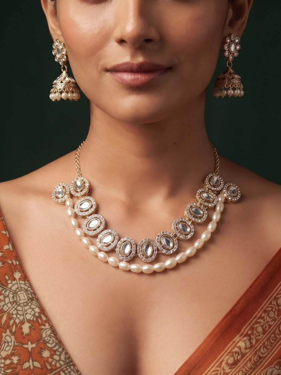 Women Gold Plated Kundan Beaded Jewellery Set
