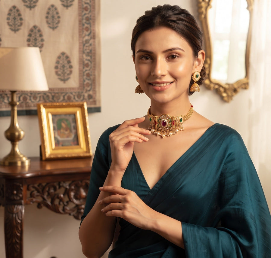 Women Gold Plated Traditional Choker Jewellery Set