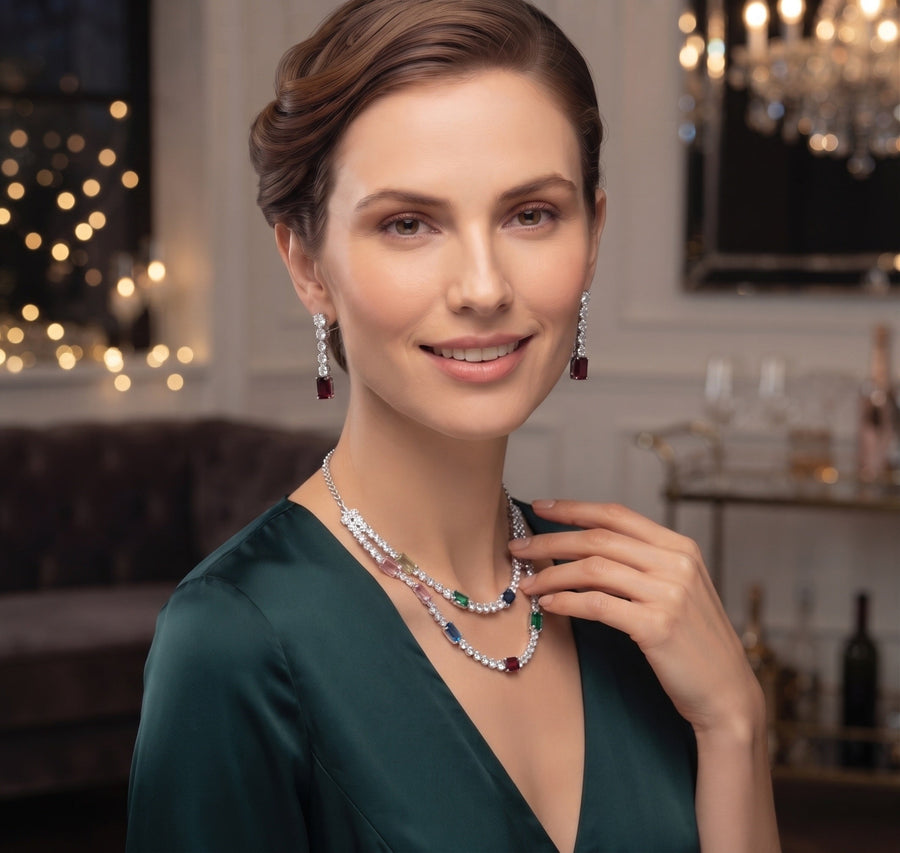 Women Silver Plated American Diamod Beaded Jewellery Set