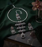 Women Silver Plated Oxidised Jewellery Set With Mang Tikka