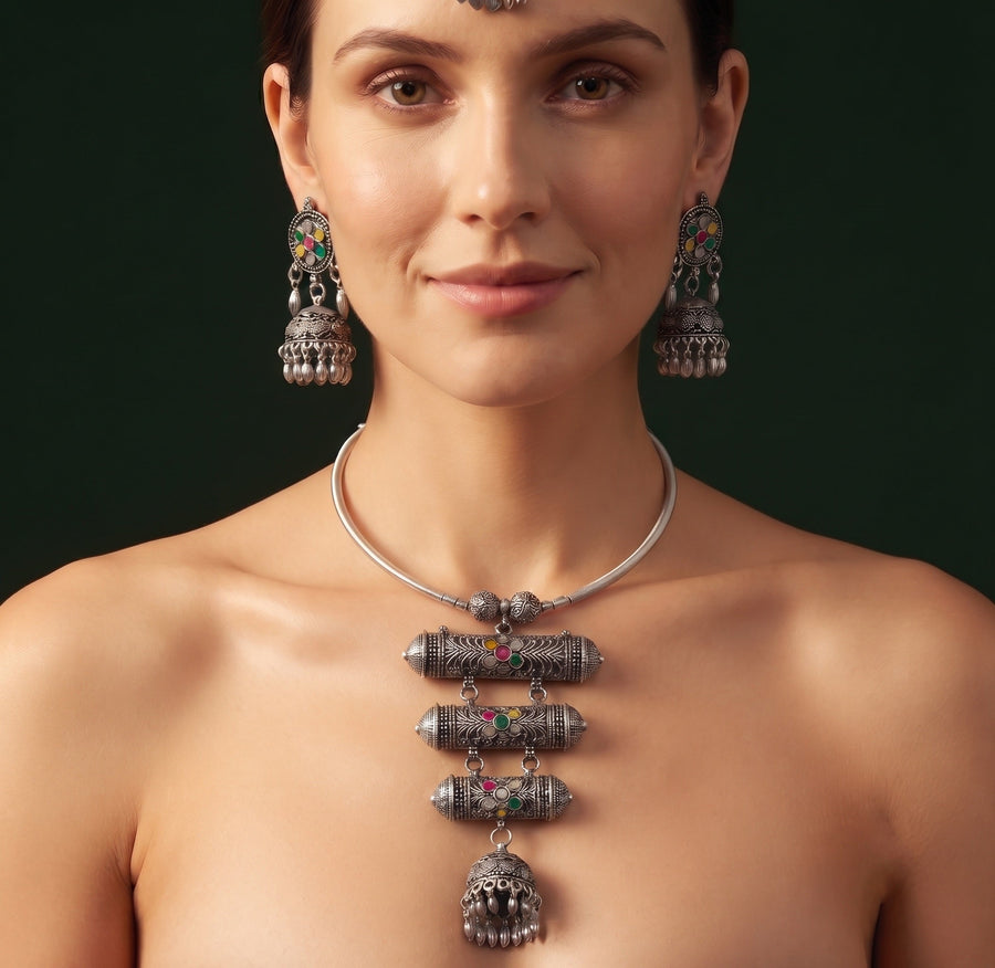 Women Silver Plated Oxidised Jewellery Set With Mang Tikka